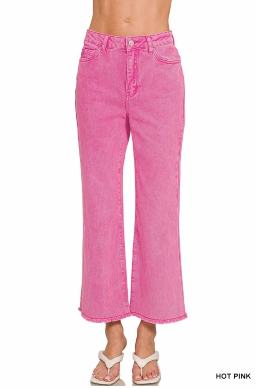 NEW ZENANA acid washed high waist frayed hem bootcut pants in hot pink